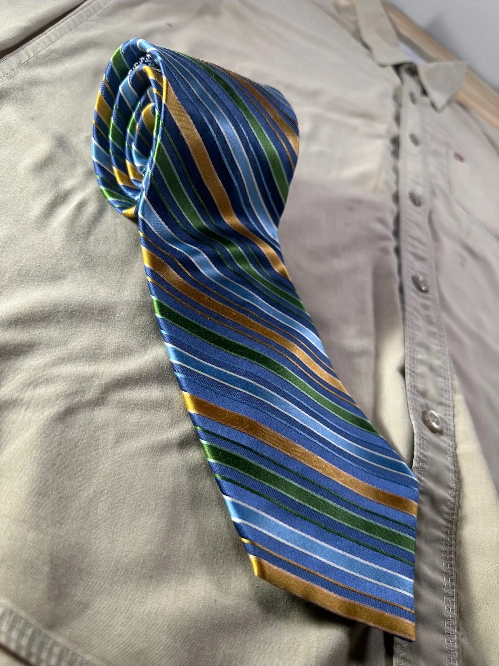 Tommy Hilfiger Blue Striped Tie with Green and Gold Accents